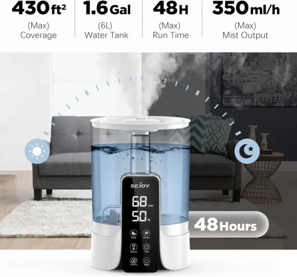 SEJOY Humidifier for Bedrooms, Large Rooms and Babies, Ultrasonic Cool Mist Top Fill Desk Humidifier Rotating Nozzle Silent - Image 3
