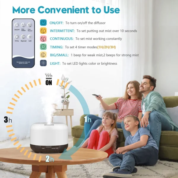 500ML Aroma Diffuser (Oils Optional), 5V 2A Essential Oil Aromatherapy Diffuser Humidifier with Remote Control for Home Office - Image 6