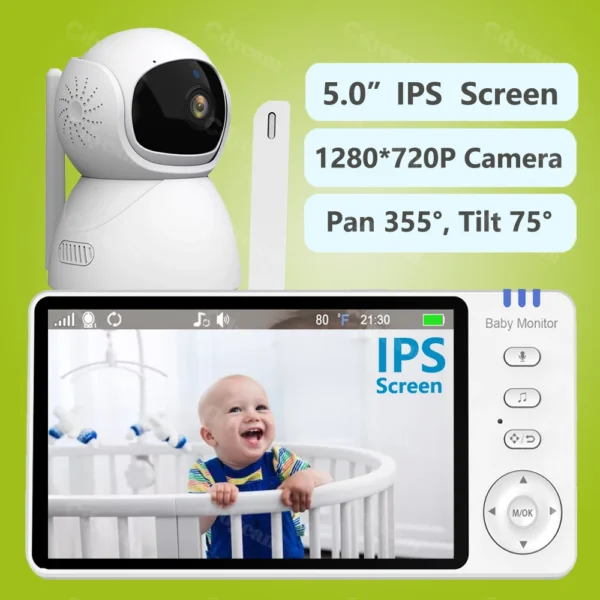 5" 720P HD IPS Screen Video Baby Monitor Pan Tilt 4X Zoom Camera Babysitter 2 Way Audio Night Vision 3500mAh Battery Lullaby VOX - Image 2